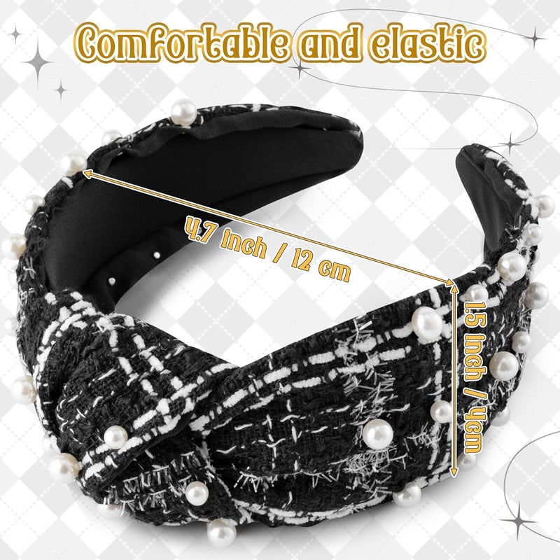 PANTIDE Pearl Jeweled Knotted Headband - Classics Black White Buffalo Lattice Cropped Tweed Pearl Embellished Headband Wide Top Knot Hairband Accessories Birthday Gift for Women Girl (Black Plaid) - Image 2